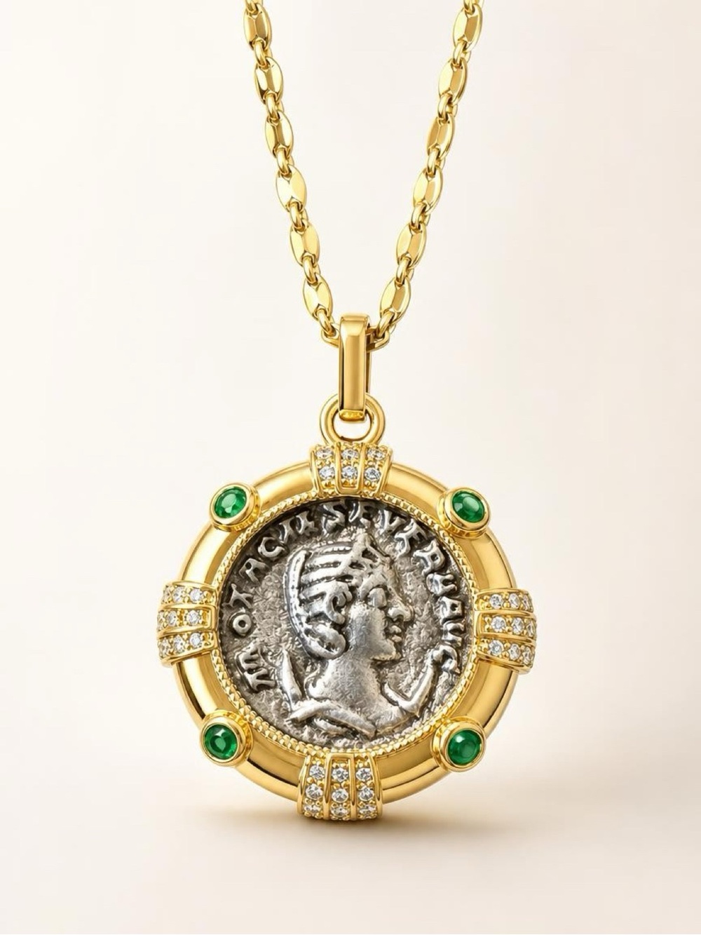 Gold-Tone Coin Pendant Necklace with Green Stones